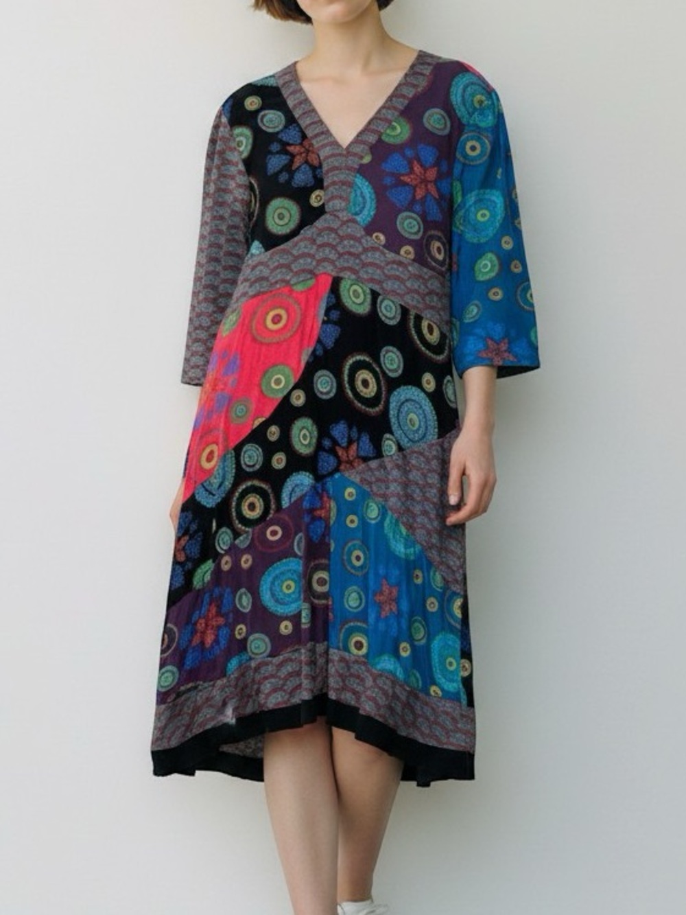 The Pyramid Collection Patchwork Dress Art To Wear Red Blue Abstract Hippie L